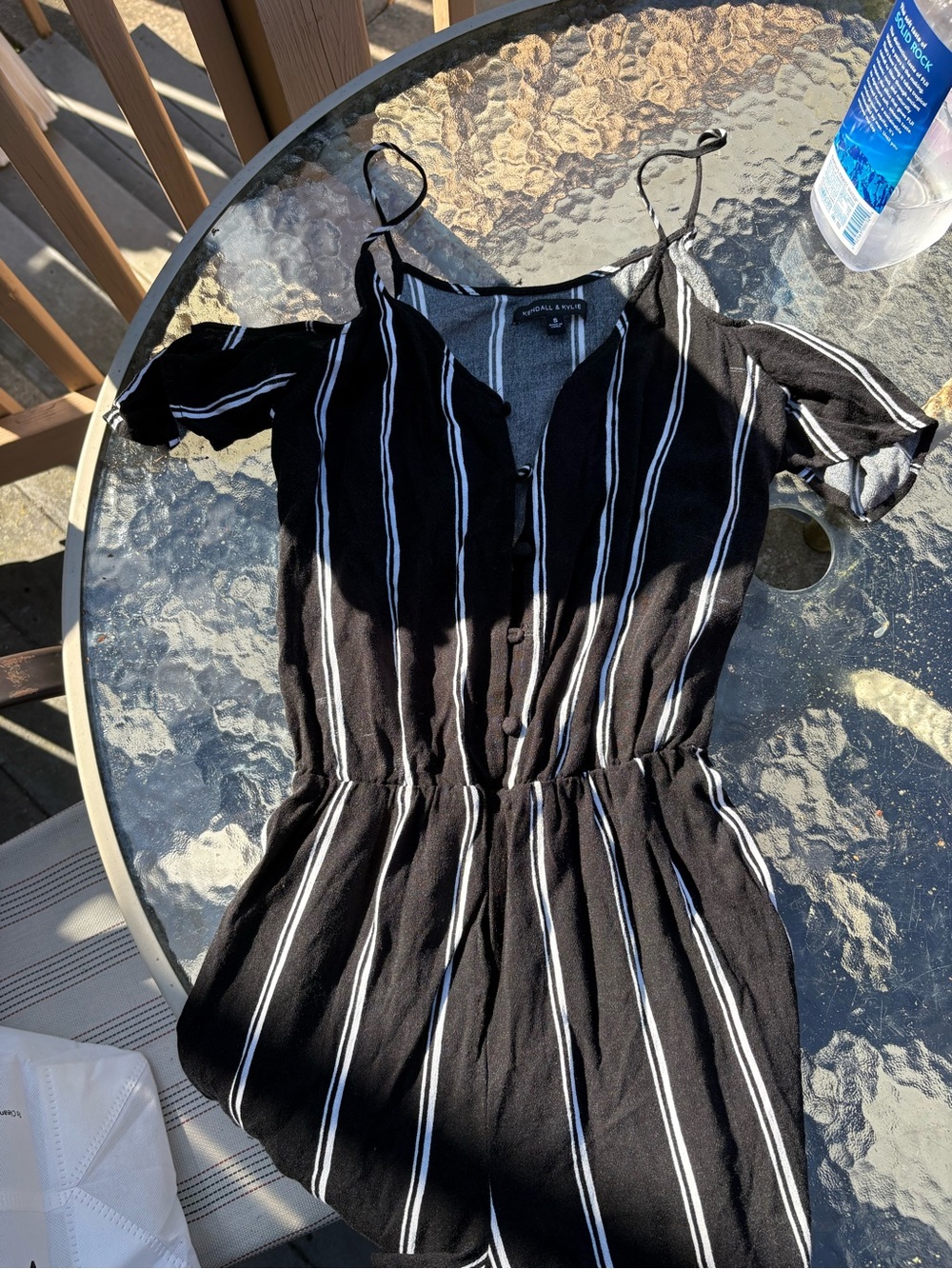 Kendall and Kylie Black Striped Cold-Shoulder Romper Dress